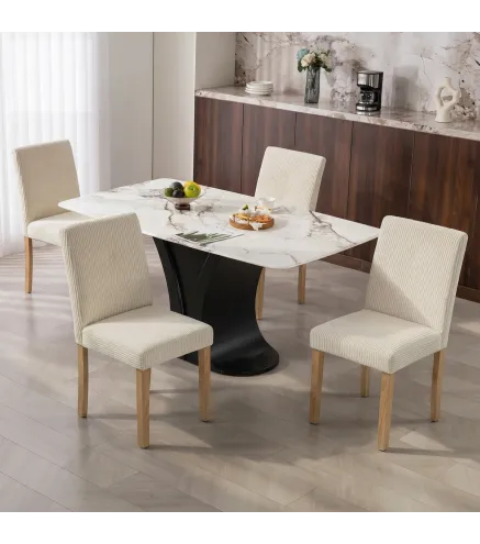 Pack de 4 Sillas de Comedor Respaldo Alto Tapizadas en Pana Asiento Acolchado Patas de Madera para Salón Beige