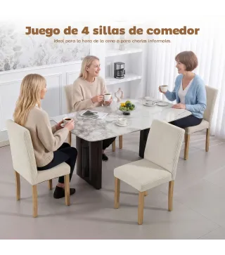 Pack de 4 Sillas de Comedor Respaldo Alto Tapizadas en Pana Asiento Acolchado Patas de Madera para Salón Beige