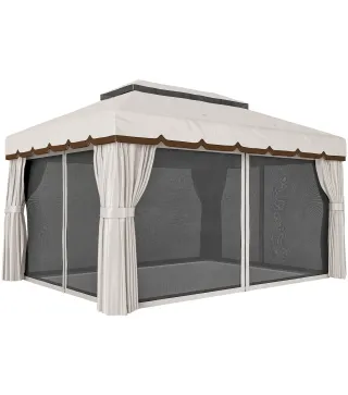 Cenador de Jardín 4x3m Pabellón de Jardín Gazebo con Doble Techo 4 Cortinas y Mosquitera Marco de Aluminio UPF50+ Crema
