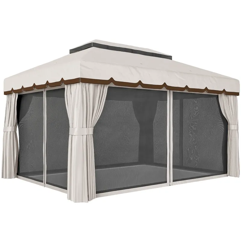 Cenador de Jardín 4x3m Pabellón de Jardín Gazebo con Doble Techo 4 Cortinas y Mosquitera Marco de Aluminio UPF50+ Crema