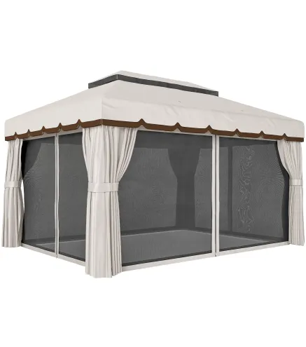 Cenador de Jardín 4x3m Pabellón de Jardín Gazebo con Doble Techo 4 Cortinas y Mosquitera Marco de Aluminio UPF50+ Crema