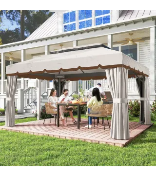 Cenador de Jardín 4x3m Pabellón de Jardín Gazebo con Doble Techo 4 Cortinas y Mosquitera Marco de Aluminio UPF50+ Crema