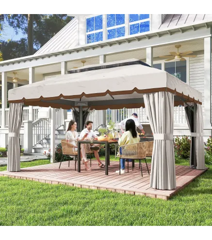 Cenador de Jardín 4x3m Pabellón de Jardín Gazebo con Doble Techo 4 Cortinas y Mosquitera Marco de Aluminio UPF50+ Crema