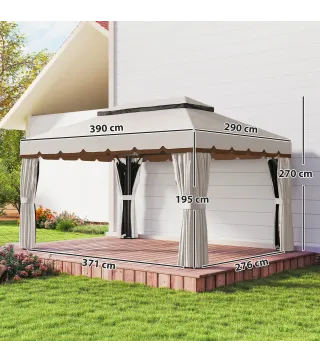 Cenador de Jardín 4x3m Pabellón de Jardín Gazebo con Doble Techo 4 Cortinas y Mosquitera Marco de Aluminio UPF50+ Crema