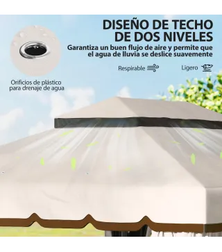 Cenador de Jardín 4x3m Pabellón de Jardín Gazebo con Doble Techo 4 Cortinas y Mosquitera Marco de Aluminio UPF50+ Crema