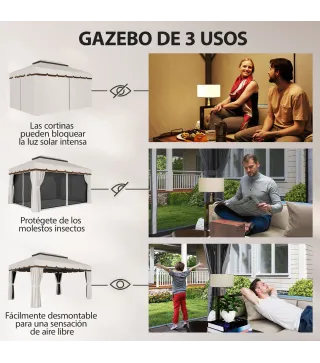 Cenador de Jardín 4x3m Pabellón de Jardín Gazebo con Doble Techo 4 Cortinas y Mosquitera Marco de Aluminio UPF50+ Crema