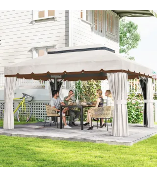 Cenador de Jardín 4x3m Pabellón de Jardín Gazebo con Doble Techo 4 Cortinas y Mosquitera Marco de Aluminio UPF50+ Crema