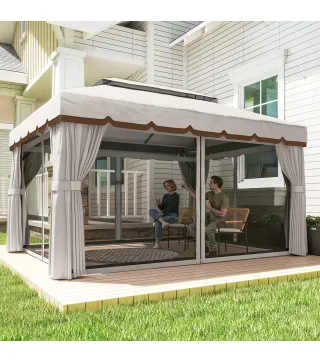 Cenador de Jardín 4x3m Pabellón de Jardín Gazebo con Doble Techo 4 Cortinas y Mosquitera Marco de Aluminio UPF50+ Crema