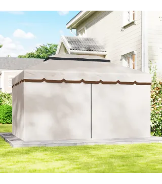 Cenador de Jardín 4x3m Pabellón de Jardín Gazebo con Doble Techo 4 Cortinas y Mosquitera Marco de Aluminio UPF50+ Crema