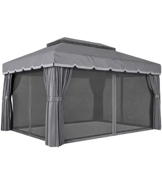 Cenador de Jardín 4x3m Pabellón de Jardín Gazebo con Doble Techo 4 Cortinas y Mosquitera Marco de Aluminio UPF50+ Gris