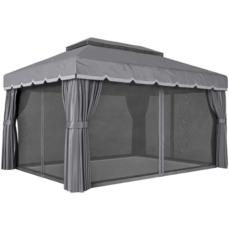 Cenador de Jardín 4x3m Pabellón de Jardín Gazebo con Doble Techo 4 Cortinas y Mosquitera Marco de Aluminio UPF50+ Gris