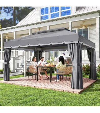 Cenador de Jardín 4x3m Pabellón de Jardín Gazebo con Doble Techo 4 Cortinas y Mosquitera Marco de Aluminio UPF50+ Gris