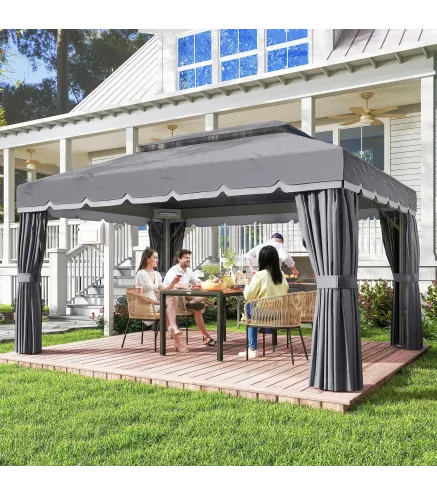 Cenador de Jardín 4x3m Pabellón de Jardín Gazebo con Doble Techo 4 Cortinas y Mosquitera Marco de Aluminio UPF50+ Gris