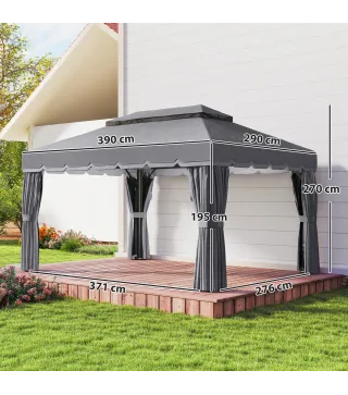 Cenador de Jardín 4x3m Pabellón de Jardín Gazebo con Doble Techo 4 Cortinas y Mosquitera Marco de Aluminio UPF50+ Gris