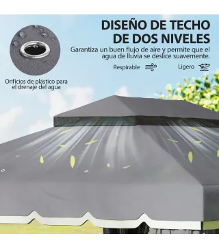Cenador de Jardín 4x3m Pabellón de Jardín Gazebo con Doble Techo 4 Cortinas y Mosquitera Marco de Aluminio UPF50+ Gris