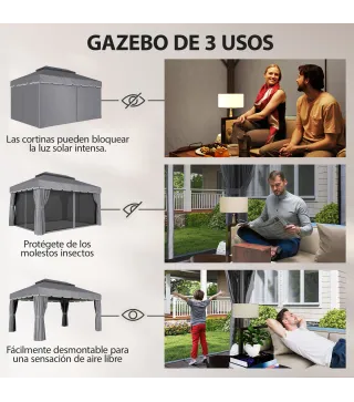 Cenador de Jardín 4x3m Pabellón de Jardín Gazebo con Doble Techo 4 Cortinas y Mosquitera Marco de Aluminio UPF50+ Gris