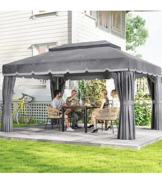 Cenador de Jardín 4x3m Pabellón de Jardín Gazebo con Doble Techo 4 Cortinas y Mosquitera Marco de Aluminio UPF50+ Gris