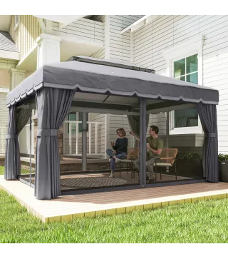 Cenador de Jardín 4x3m Pabellón de Jardín Gazebo con Doble Techo 4 Cortinas y Mosquitera Marco de Aluminio UPF50+ Gris