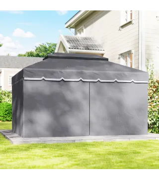 Cenador de Jardín 4x3m Pabellón de Jardín Gazebo con Doble Techo 4 Cortinas y Mosquitera Marco de Aluminio UPF50+ Gris