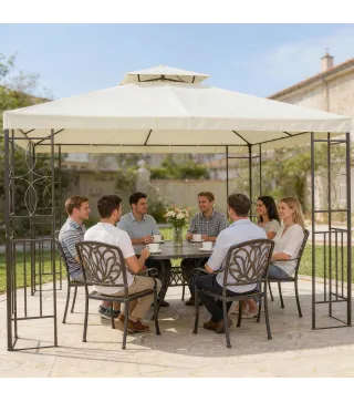 Cenador de Jardín 4x3m con Doble Techo Estructura de Acero Anti-UV para Exterior Patio Terraza Blanco Crema