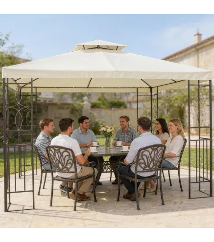 Cenador de Jardín 4x3m con Doble Techo Estructura de Acero Anti-UV para Exterior Patio Terraza Blanco Crema