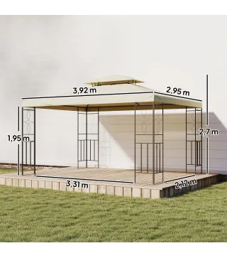Cenador de Jardín 4x3m con Doble Techo Estructura de Acero Anti-UV para Exterior Patio Terraza Blanco Crema