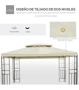 Cenador de Jardín 4x3m con Doble Techo Estructura de Acero Anti-UV para Exterior Patio Terraza Blanco Crema
