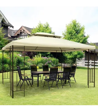 Cenador de Jardín 4x3m con Doble Techo Estructura de Acero Anti-UV para Exterior Patio Terraza Blanco Crema