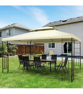 Cenador de Jardín 4x3m con Doble Techo Estructura de Acero Anti-UV para Exterior Patio Terraza Blanco Crema