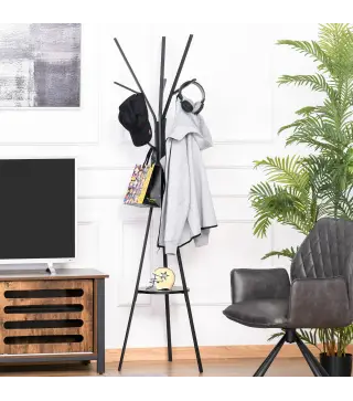 Perchero de Pie Forma de Árbol Perchero para Ropa de Metal con 9 Ganchos y Estante Perchero Vintage 45x45x180 cm Negro