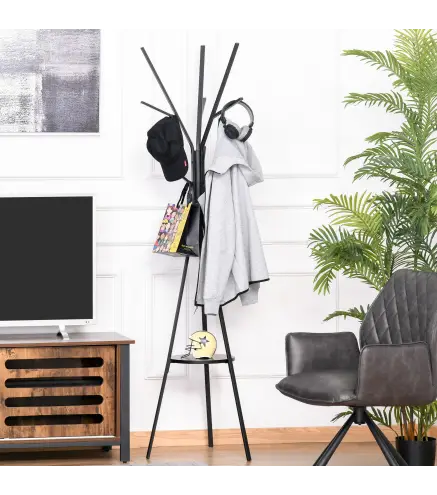 Perchero de Pie Forma de Árbol Perchero para Ropa de Metal con 9 Ganchos y Estante Perchero Vintage 45x45x180 cm Negro