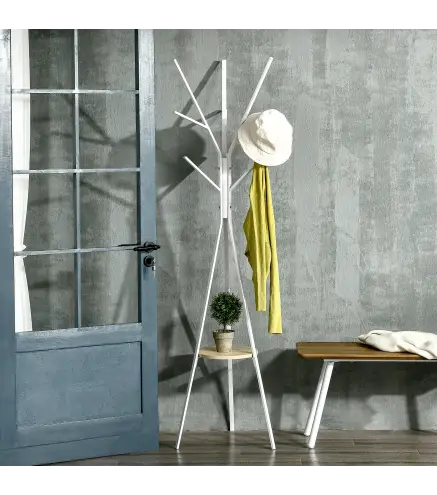 Perchero de Pie Forma de Árbol Perchero para Ropa de Metal con 9 Ganchos y Estante Perchero Vintage 45x45x180 cm Blanco