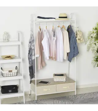 Perchero Metálico con Ruedas Colgador para Ropa con Riel Estantes Cajones para Organizar Ropa Bolsos 99x47x185cm