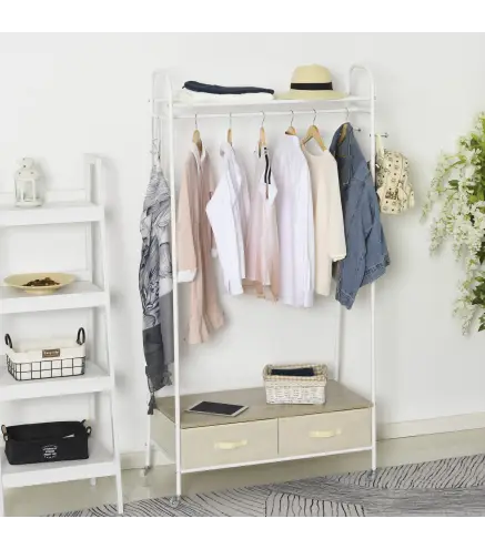 Perchero Metálico con Ruedas Colgador para Ropa con Riel Estantes Cajones para Organizar Ropa Bolsos 99x47x185cm