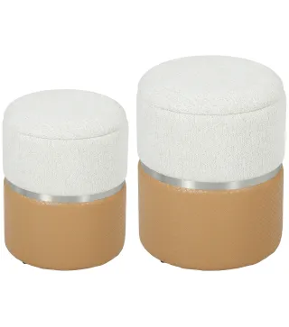 Juego de 2 Puff Almacenaje Tapizados en Chenilla y PU Asiento Acolchado para Pasillo Dormitorio Marron y Crema