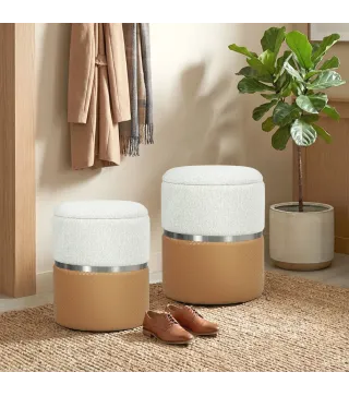 Juego de 2 Puff Almacenaje Tapizados en Chenilla y PU Asiento Acolchado para Pasillo Dormitorio Marron y Crema