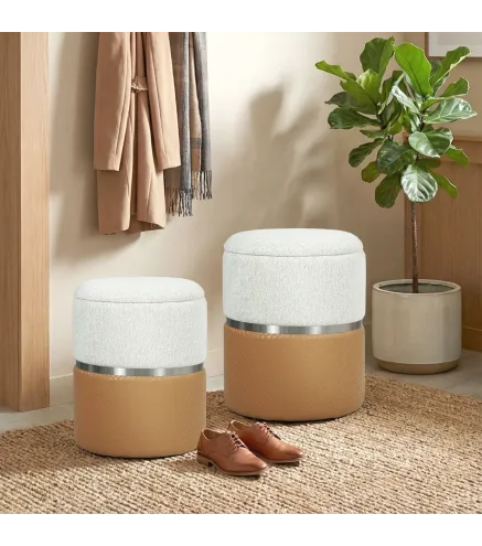 Juego de 2 Puff Almacenaje Tapizados en Chenilla y PU Asiento Acolchado para Pasillo Dormitorio Marron y Crema