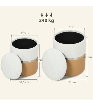 Juego de 2 Puff Almacenaje Tapizados en Chenilla y PU Asiento Acolchado para Pasillo Dormitorio Marrón y Crema