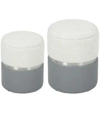 Juego de 2 Puff Almacenaje Tapizados en Chenilla y PU Asiento Acolchado para Pasillo Dormitorio Gris y Crema
