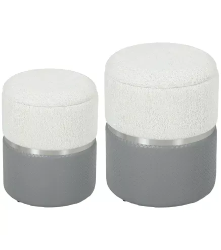 Juego de 2 Puff Almacenaje Tapizados en Chenilla y PU Asiento Acolchado para Pasillo Dormitorio Gris y Crema
