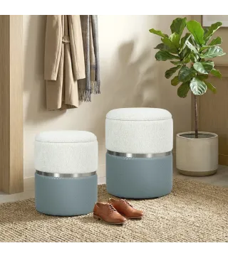 Juego de 2 Puff Almacenaje Tapizados en Chenilla y PU Asiento Acolchado para Pasillo Dormitorio Gris y Crema