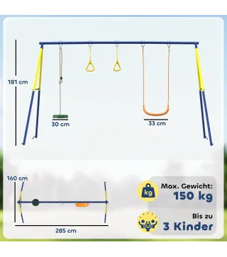 Columpio Infantil 3 en 1 Columpio Clásico y de Pie y Aros de Gimnasia Carga 150 kg para Niños de 3 a 8 Años Multicolor