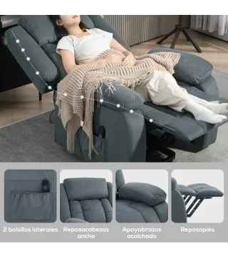 Sillón Relax Reclinable Eléctrico Levanta Personas con Puerto USB Control Remoto Asiento Ancho Reposapiés Gris