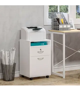 Cajonera de Oficina con Cajón con Cerradura y Armario con Ruedas Soporte de Impresora para Estudio 40x35x60 cm Blanco