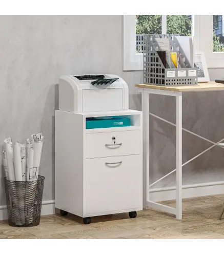 Cajonera de Oficina con Cajón con Cerradura y Armario con Ruedas Soporte de Impresora para Estudio 40x35x60 cm Blanco