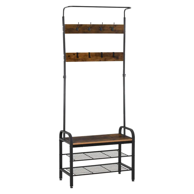 Perchero de Pie Perchero Metálico Zapatero 3 Estantes 8 Ganchos Colgador para Zapatos Ropas para Pasillo Entrada 72x34x185cm