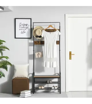 Perchero de Pie Perchero Metálico Zapatero 3 Estantes 8 Ganchos Colgador para Zapatos Ropas para Pasillo Entrada 72x34x1