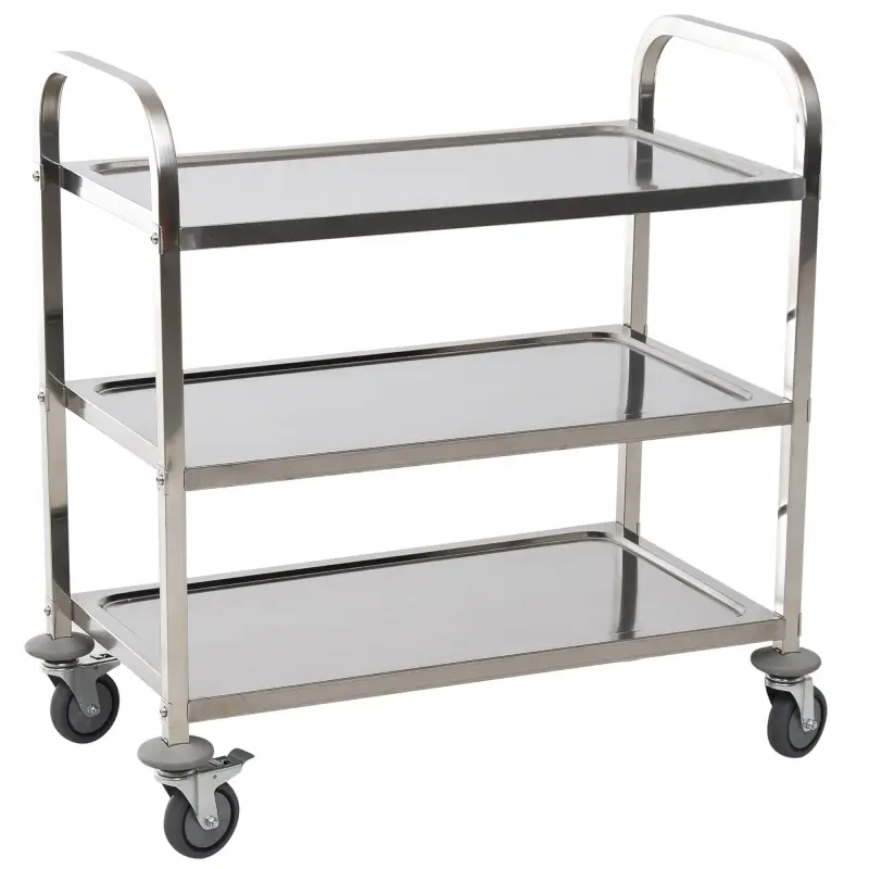 Carrito Auxiliar con Ruedas de Acero Inoxidable 90,5x50,5x88,2 cm Carrito de Cocina con Bandejas y 2 Brazos Plata