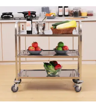 Carrito Auxiliar con Ruedas de Acero Inoxidable 90,5x50,5x88,2 cm Carrito de Cocina con Bandejas y 2 Brazos Plata