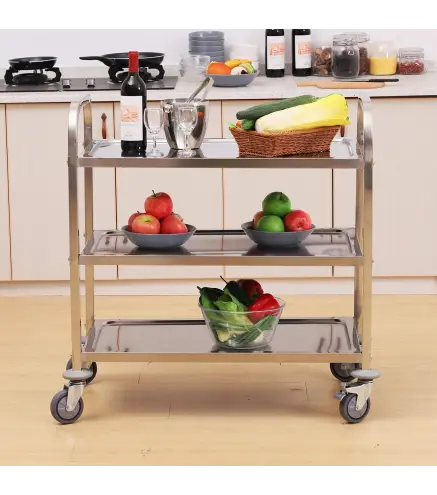 Carrito Auxiliar con Ruedas de Acero Inoxidable 90,5x50,5x88,2 cm Carrito de Cocina con Bandejas y 2 Brazos Plata